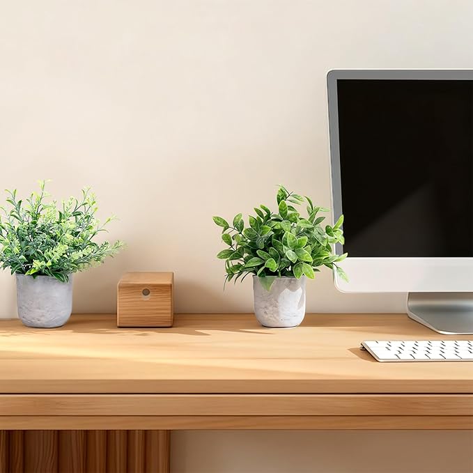 FGSAEOR Mini Potted Fake Plants, Small Artificial Greenery Realistic Plants Topiaries, Low Maintenance, for Home Office Shelf Desk Farmhouse Room Coffee Table Decor (3-Pack) (Grey (Round Pot))