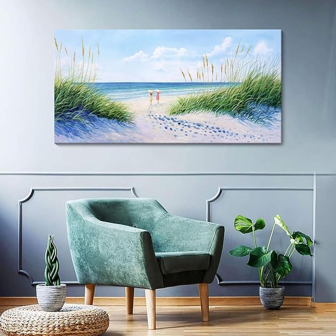 YCPRIMER Coastal Wall Art - Large Landscape Wall Art for Living Room, Bedroom Pictures, Ocean Beach Artwork, Blue Wall Art, Above Bed Decor, Coastal Landscape Wall Art,Framed Beach Pinting 24×48IN