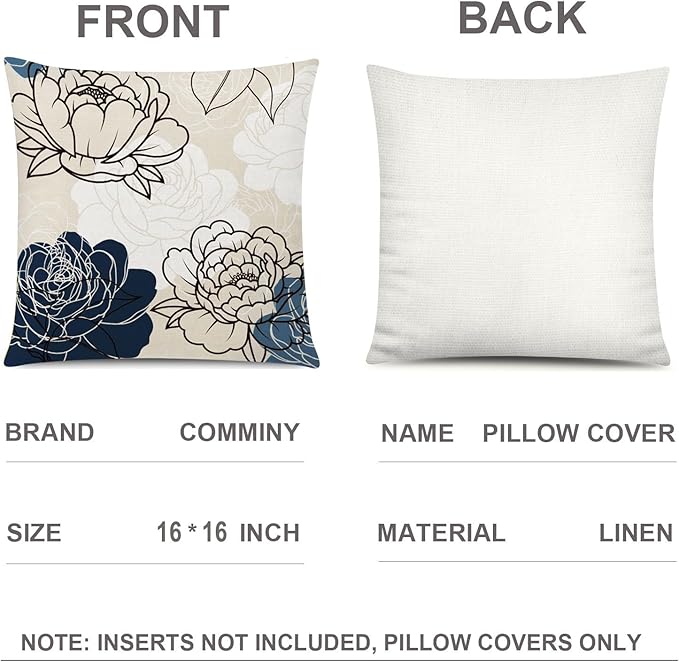 Blue White Pillow Covers 16x16 Set of 6, Daisy Dahlia Throw Pillow Cover, Beige Pillowcase, Modern Couch Pillow Cover for Sofa Living Room Farmhouse Home Decor
