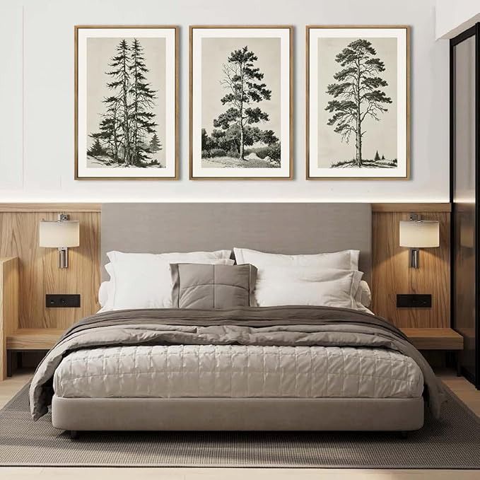 ANHUIB Vintage Tree Sketch Framed Canvas Wall Art 16x24 Inch Neutral Wilderness Forest Paintings Retro Botanical Wall Decor Set of 3 for Living Room Bedroom Office