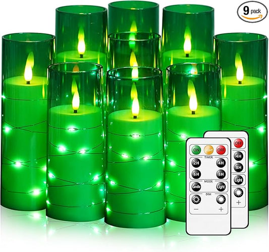 Flickering Flameless LED Candles,Battery Operated Candles 9 Pcs with Embedded Star String,Acrylic LED Pillar Candles with Remote,Suitable for Home Decoration to Create an Atmosphere (Green)