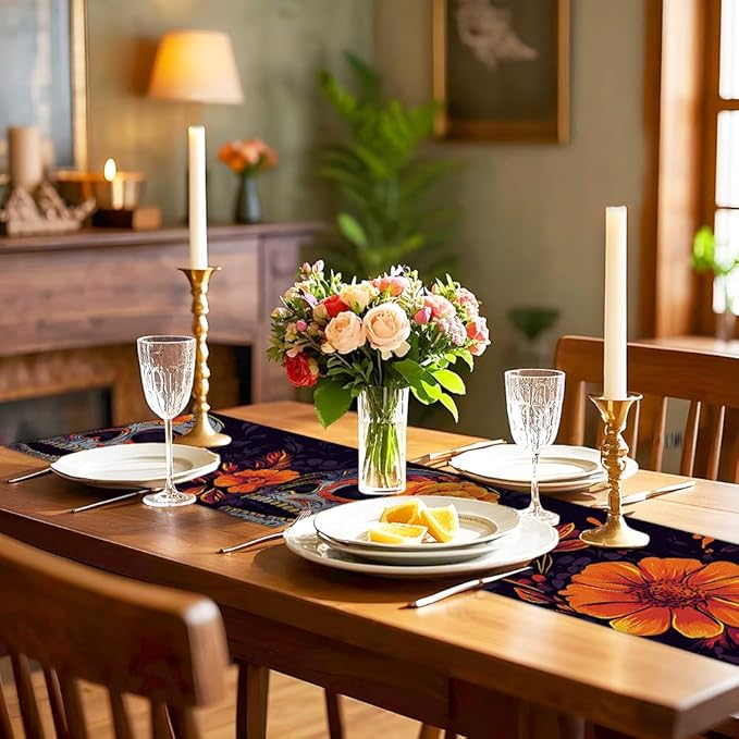 ANNA QUEEN Skull Flower Halloween Table Runner 13 x 72 Inch for Dining Table, Table Runner for Fall Dining Decor Indoor Outdoor Party Home Table Halloween Decoration