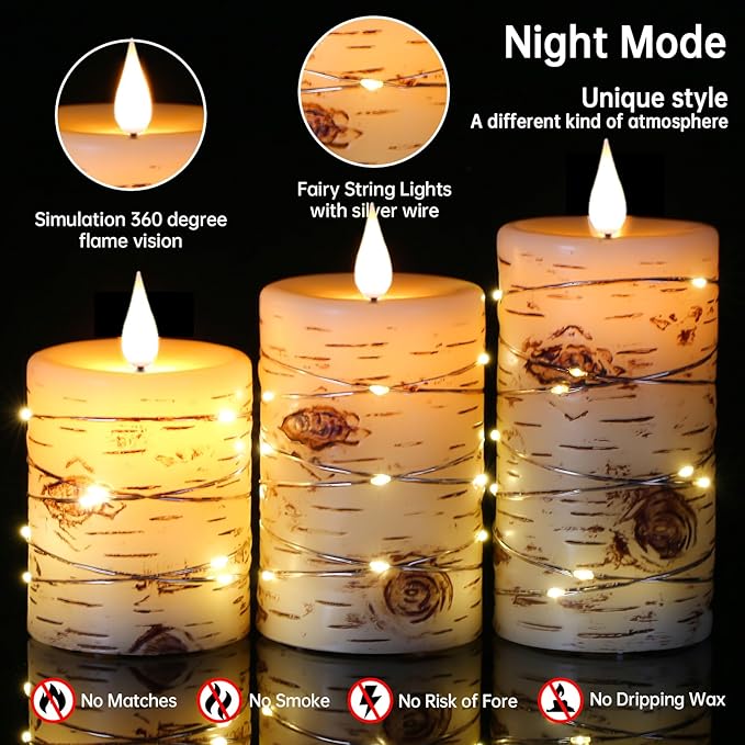 Flameless Candle LED Candles Hand Painted Birch Bark Effect Recessed Light String Candle Set of 3(H4,5,6") Ivory Real Wax Pillar Battery Operated Candles with Dancing LED Flame 10-Key Remote Control