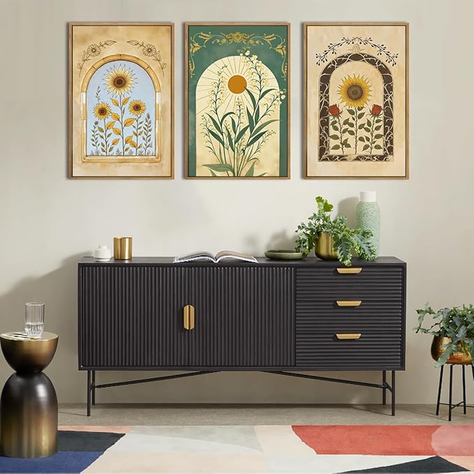 ANHUIB Vintage Boho Spiritual Wall Decor 16x24 Inch Botanical Wall Art Earthy Sunflower Illustration Set of 3 for Living Room Bedroom Office