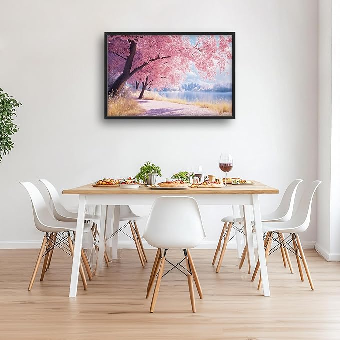 Cherry Blossoms Large Framed Wall Art Pink Tree of Life Pictures Oversized Natural Lake Landscape Wall Decor Spring Canvas Print Painting Modern Artwork for Living Room Bedroom Office Dining Room Home Decor 36L"x24W"