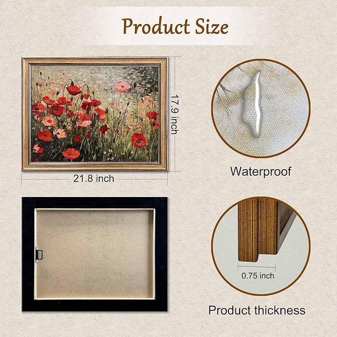 Vintage Wall Art Red Flower Painting, Framed Wall Art, Farmhouse Bedroom Kitchen Wall Art Decor (Flowers, 20L x 16W)