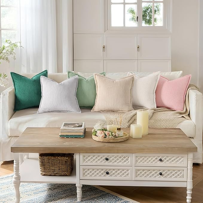 Mecatny Corduroy Throw Pillow Covers 24x24 Set of 2, Neutral Decorative Soft Boho Couch Pillow Covers with Broadside for Sofa Living Room, Sage Green
