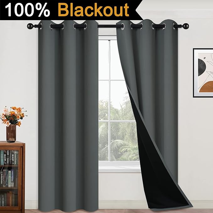 Yakamok 84 Inch Length 100% Blackout Curtains for Bedroom, 2 Thick Layers Thermal Insulated Grommet Total Blackout Drapes with Black Liner for Living Room (42Wx84L, Dark Grey, 2 Panels)