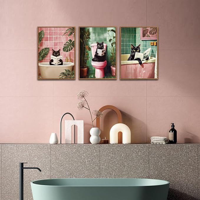 CHDITB Bathroom Black Cat Framed Canvas Wall Art Set, Funny Bathroom Wall Decor, Pink Green Toilet Artwork Black Cat Toilet Wall Painting, Tropical Art Prints Modern Home Decor - Large Size 16"x24"x3