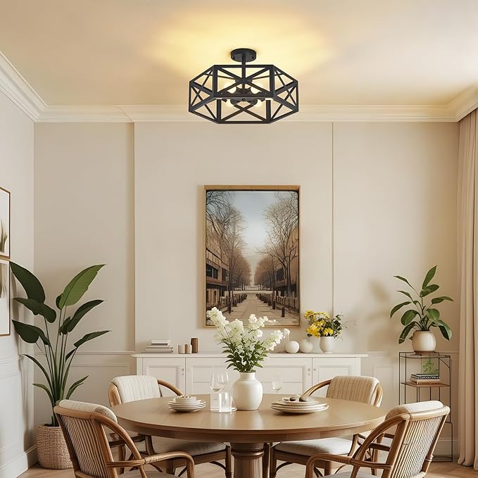 Modern Semi Flush Mount Ceiling Light with Remote Control,19.7" 6-Light Hexagon Flush Mount Ceiling Lights for Dining Room Light Fixture,Farmhouse Kitchen Island Lighting Fixtures for Hallway