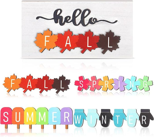 Roowest 5 Pcs Hello Fall Sign Interchangeable Seasonal Sign Spring Summer Winter Tiered Tray Decor 5.9 x 3 Inch Wooden 4 Seasons Farmhouse Table Centerpiece Decoration for Home Shelf Office(Fresh)