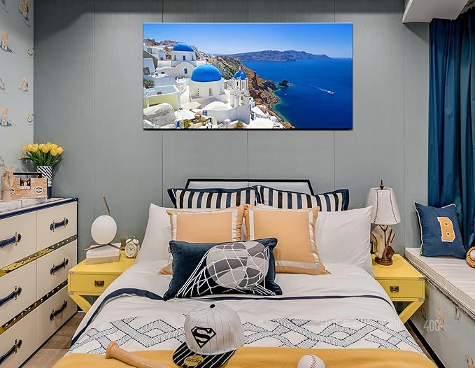 OKEXCKK Large Canvas Print Wall Art Santorini in Greece Painting Wall Decor, Blue Coastal Landscape Artwork Seascape Pictures for Living Room, Bedroom, Office Decoration - 24"x48"