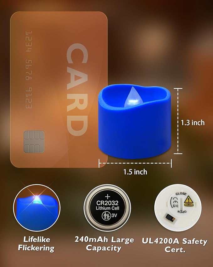 Homemory Blue Tea Lights Candles Battery Operated, 200+Hour Flameless Flickering Fake Electric LED Colored Tealights Candles for Wedding Table Decor, Theme Party, Aniversary, Proposal, 12-Pack