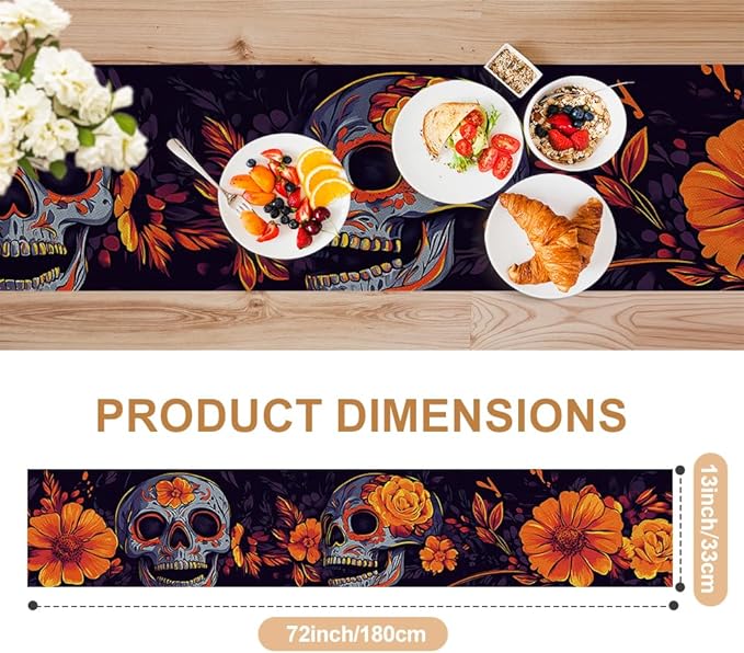 ANNA QUEEN Skull Flower Halloween Table Runner 13 x 72 Inch for Dining Table, Table Runner for Fall Dining Decor Indoor Outdoor Party Home Table Halloween Decoration