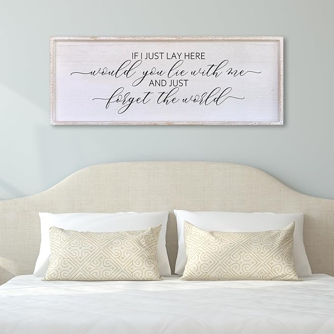 Surfapans If I Lay Here Would You Lie With Me Wall Decor Sign 40”X15” Master Room Bedroom Above Bed Large Farmhouse Inspirational Quotes Minimalist Wood Framed Over Bed Wall Art Decoration (White)