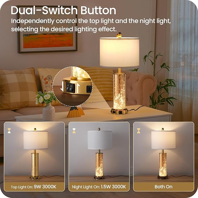 25.6" Gold Table Lamps Set of 2, Tall Bedside Lamps with Nightlight, Modern Nightstand Lamp with USB Ports, Desk Lamp for Bedroom, Living Room, Office, LED Bulbs Included W01TL05
