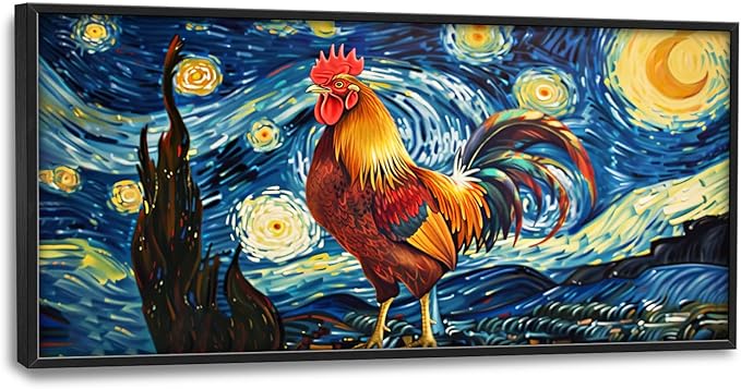 Flintis Large Rooster Wall Art Starry Sky Night Chicken Pictures Wall Decor Abstract Animal Canvas Painting Print Artwork Decoration Framed for Living Room Bathroom Master Bedroom Office 60L x 30W