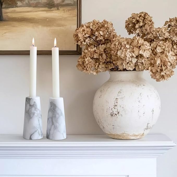 HofferRuffer Marble Candlestick Holders，Set of 2 Natural Stone Candle Holder Decorative Candle Stands for Wedding, Dinning, Party, Table Centerpieces, Fit 3/4'' Thick Taper Candles (White)