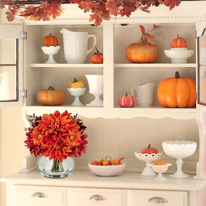 Briful Faux Fall Flowers in Vase, Artificial Dahlia & Mum Silk Floral Arrangement with Clear Glass Vase Fake Autumn Flowers Bouquet for Home Office Dining Room Table Centerpiece Decoration