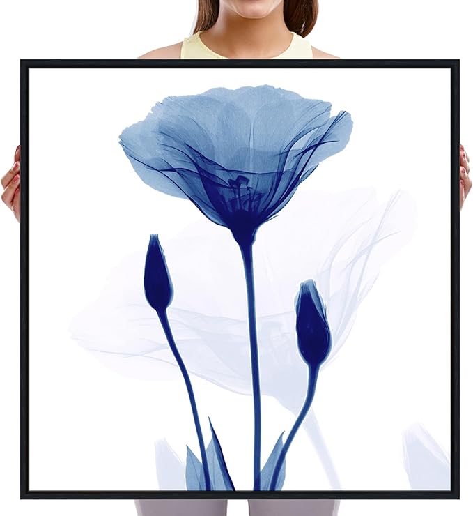 Pyradecor Large Black Framed Canvas Wall Art Abstract Blue Flickering Flower Modern Grace Floral Pictures Paintings Artwork for Bedroom Office Home Decorations