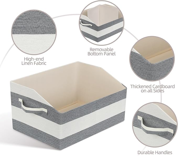 Linen Closet Organizers and Storage, Trapezoid Fabric Bins, Home Office Organization Baskets Striped Collapsible Box with Handles for Clothes, Blanket, Books, DVD, 4 Pack, Black/White