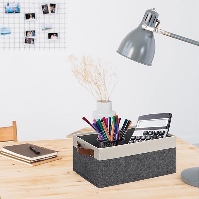 GhvyenntteS Small Fabric Storage Bins 12 Pack, Storage Basket with Leather Handles, Closet Storage Bins for Shelves, Storage Baskets for Shelves, Home, Office (Grey/White, 11.8" x 7.87" x 5.11")