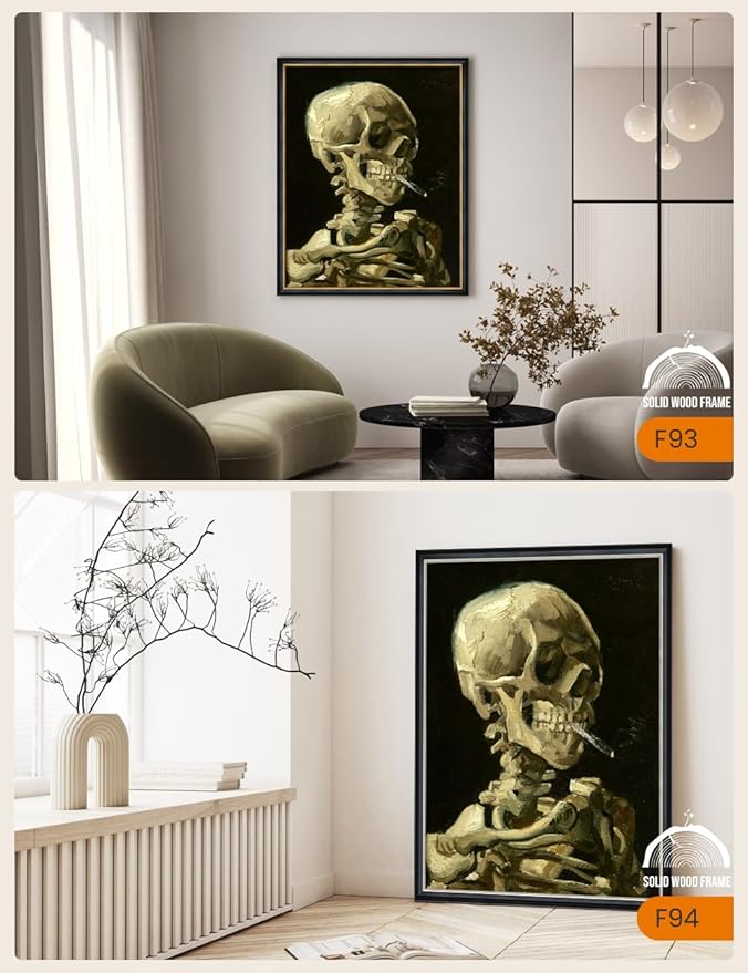 DECORARTS - Head of a Skeleton with a Burning Cigarette by Vincent Van Gogh, Large Giclee Canvas Print with Solid Wood Frame, Oversized Wall Art Decor