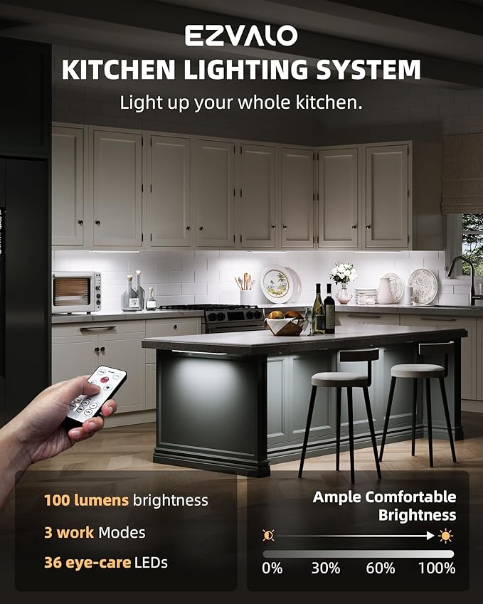 EZVALO 3 Pack Under Cabinet Lighting, Rechargeable Motion Sensor Light, LED Closet Lights Wireless, 5700K Dimmable, Timer, Magnetic, with Remote Control for Kitchen, Closet, Stair