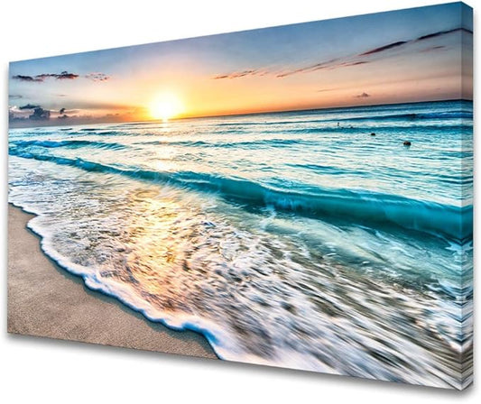 Baisuart S02269 Canvas Prints Wall Art Beach Sunset Paintings Ocean Waves Nature Pictures Stretched Canvas Wooden Framed for living Room Bedroom and Home Office Wall Decor Posters