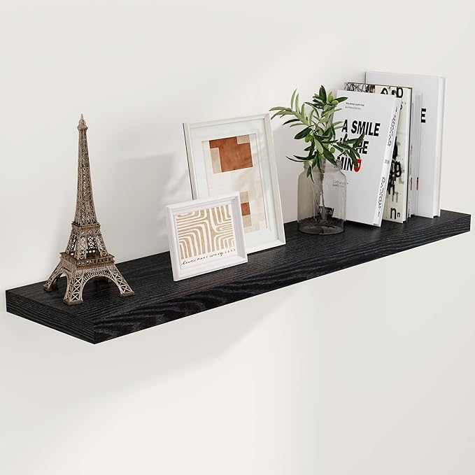 Fun Memories Black Floating Shelves 48 Inch Long, Wood Wall Shelves 48x9.3x1.5, 9.3 Inch Deep Floating Shelf for Wall, Large Black Shelves for Home Decor & Storage