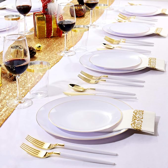 Nervure 100 Pieces Gold Plastic Plates - 10.25 inch Gold Dinner Plates - Heavyweight White and Gold Disposable Plates Ideal for Wedding & Party & Thanksgiving