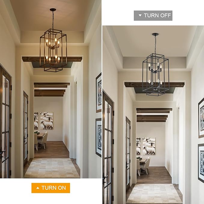 8-Light Black Chandelier,Semi Flush Light Fixture for Farmhouse with Metal Cage,E12 Bulb Socket and Adjustable Height for Dining Room,Kitchen Island,Living Room,Staircase, Entryway and indoor