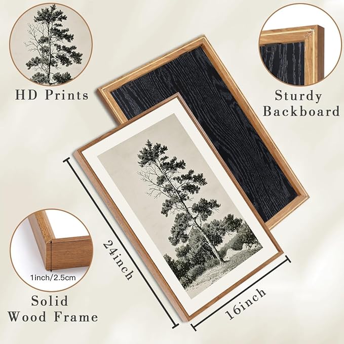 ANHUIB Vintage Tree Sketch Framed Canvas Wall Art 16x24 Inch Neutral Wilderness Forest Paintings Retro Botanical Wall Decor Set of 3 for Living Room Bedroom Office