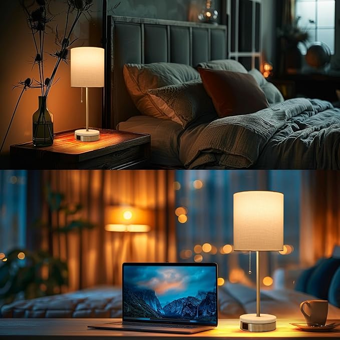 Marble Table Lamp, Bedside Lamps with Pull Chain for Bedroom, Lamp for Night Stands with USB Ports and Square Shade for Living Room Home Decor, Bulb Included