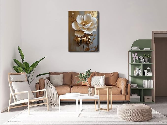 Flower Pictures Canvas Wall Art White Gold Flowers Elegant Wall Decor pictures 3D Retro Floral poster prints for Bedroom Bathroom Wall Decorations (12inx16in canvas)