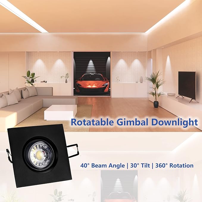 Canless Recessed Gimbal Downlight Rotatable-Spotlight 5 CCT 3 Inch Eyeball Ceilling Potlight, Dimmable Recessed Lights Fixture with Junction Box, 8W CCT Adjustable, Black Square Finish, 6P