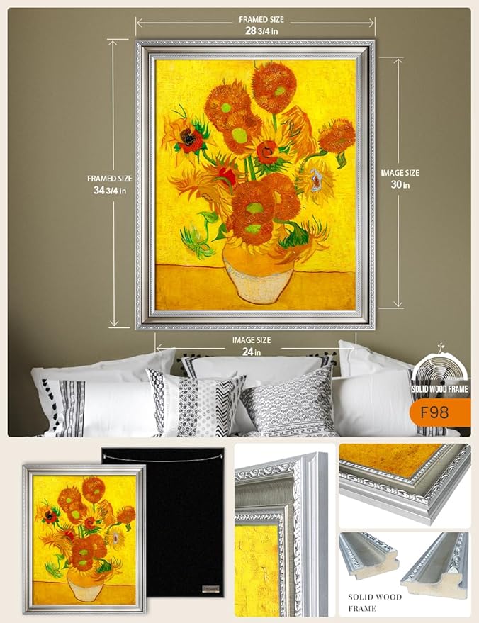DECORARTS - Sunflowers, Vincent Van Gogh Art Reproduction. Acid Free Cotton Canvas Giclee Print w/Bronze Frame&Mat for Wall Decor.