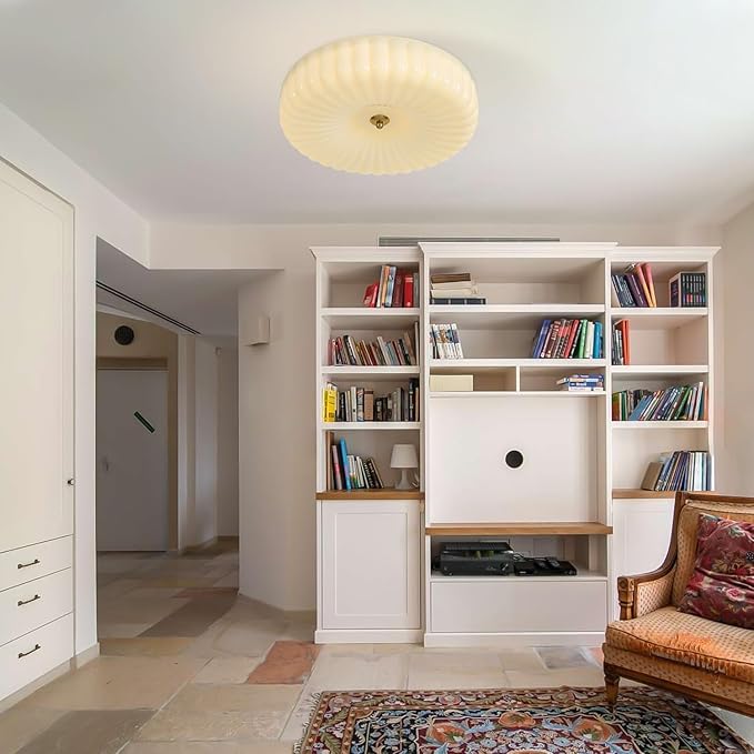 KCO Lighting Round Large LED Flush Mount Ceiling Light Yellow Ribbed Glass Flush Mount Light Mid Century Modern Bedroom Ceiling Lamp Unique Entryway Ceiling Light Fixtures