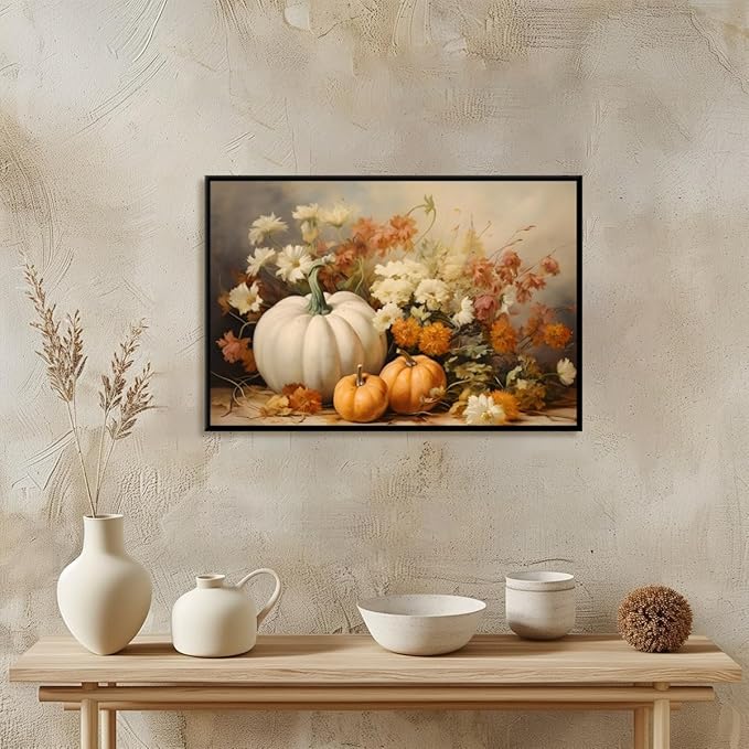 Fall Canvas Wall Art Rustic Pumpkin Posters Fall Pictures Print Dark Cottagecore Thanksgiving Wall Decor for Home Living Room 16x24inch black framed