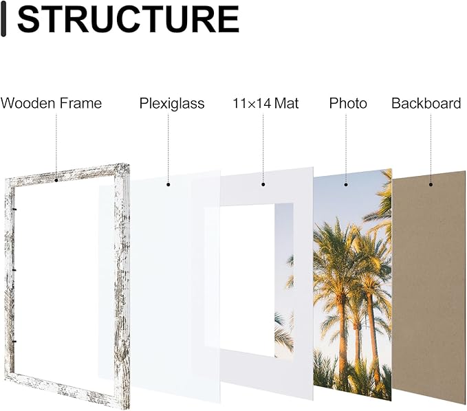Vittanly 12x16 Picture Frames Set of 9, Shatter Resistant Plexiglass, Display 11x14 Pictures with Mat or 12x16 without Mat, Photo Frames for Wall Mount, Engineered Wood, Distressed White