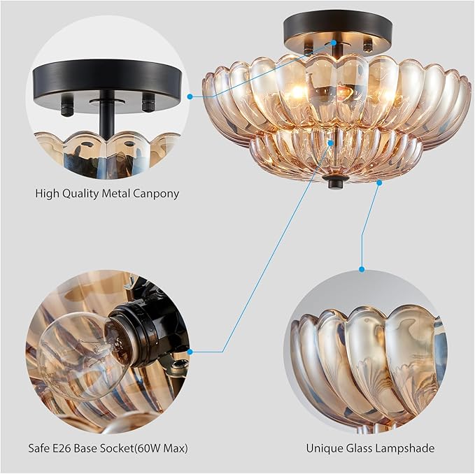 XINGQI Modern Ceiling 3-Light Amber Glass Semi Flush Mount Ceiling Light Fixture Small Close to Chandelier for Living Room Dining Room Bedroom Entryway Hallway