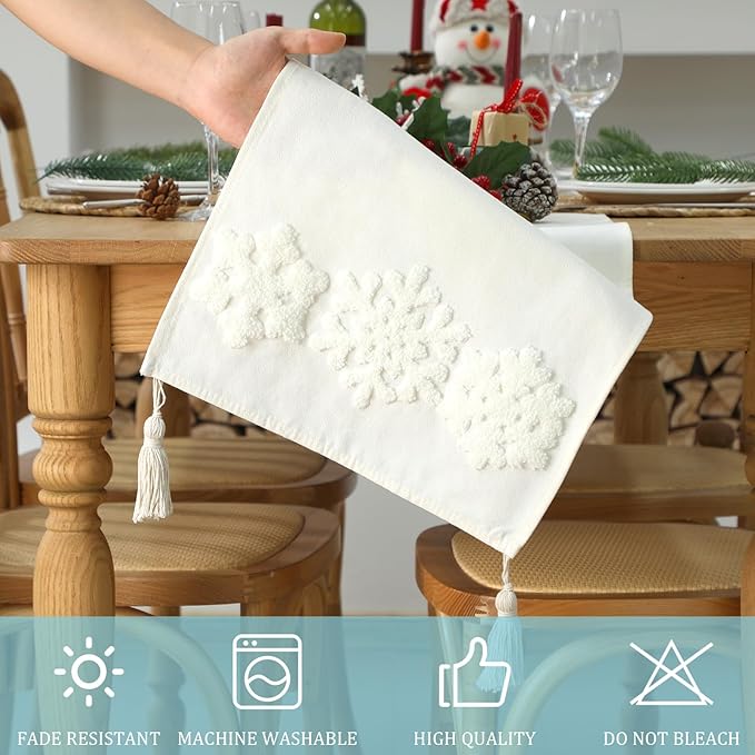 Breling Christmas Snowflakes Table Runner Jacquard Christmas Snowflakes Dinner Table Runner Winter Xmas Holiday Kitchen Dining Decoration for Winter Holiday Kitchen Party Home Decor 13x72 Inch (Beige)