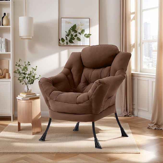 Lazy Chair for Living Room, Modern Accent Chairs with Armrests, Comfy Lounge Chair with Side Pocket, Cozy Lazy Sofa for Reading, Balcony, Bedroom, Dorm, Small Spaces (Dark Brown)