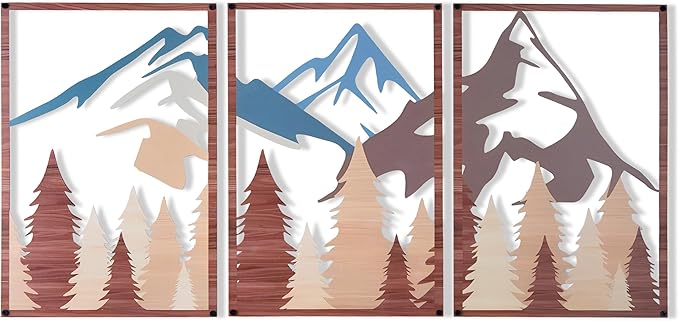 OUR NEST Metal Wall Art Set of 3 – Abstract Mountain Landscape Panels, 3D Rustic Nature Wall Decor for Living Room, Bedroom, Bathroom – Minimalist Metal Wall Sculpture, Modern Home Décor Gift (16" x 11")