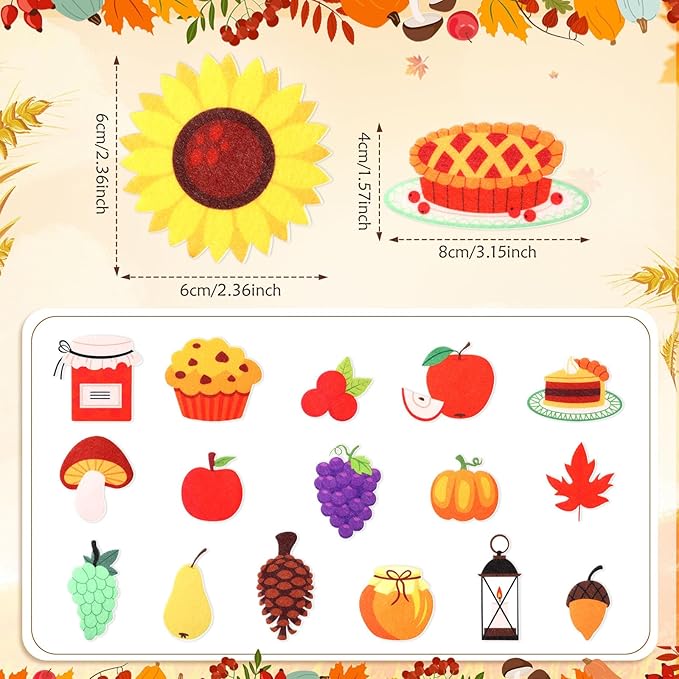 Thinkday 37-Piece Fall Thanksgiving Felt Craft Kit, DIY Pumpkin Felt Set DIY, Pumpkin 36 Detachable Fall Squirrel Pine Cones Corns Ornaments for Playing(Turkey)