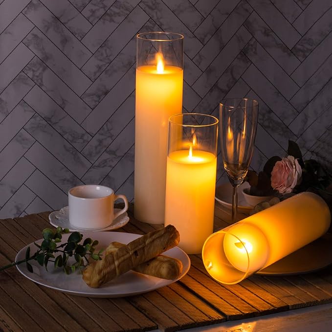 Pack of 3 Flameless Candles Battery Operated Real Wax Glass Flickering LED Candle Sets with Remote Control Cycling 24 Hours Timer (3" x 8" 10" 12")