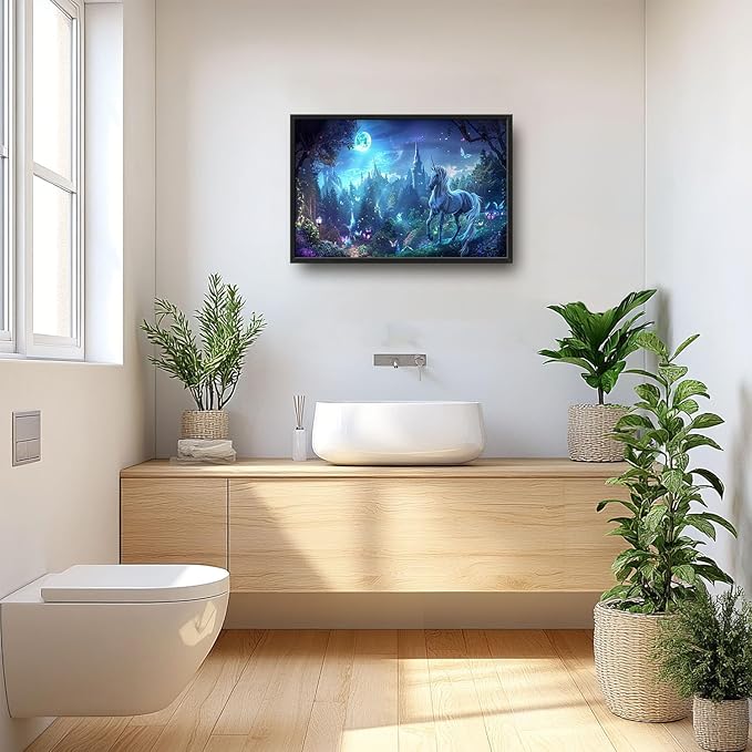 Flintis Large Unicorn Wall Art Unicorn Castle Moon Pictures Wall Decor Abstract Animal Canvas Painting Print Artwork Decoration Framed for Living Room Bathroom Master Bedroom Office 36L x 24W