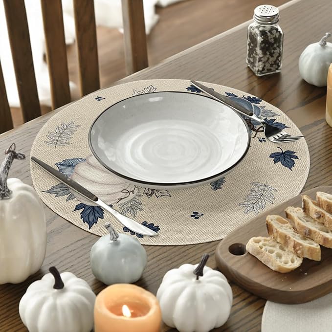 Artoid Mode Navy Blue Pumpkins Eucalyptus Leaves Round Fall Placemats Set of 4, 14 Inch Thanksgiving Round Table Mats for Dining Decoration