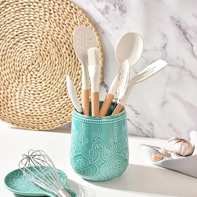 Utensil Holder, Large Utensil Holder for Kitchen Counter, 6.5”Ceramic Cooking Utensil Organizer, Kitchen Decor for Counter (Turquoise)