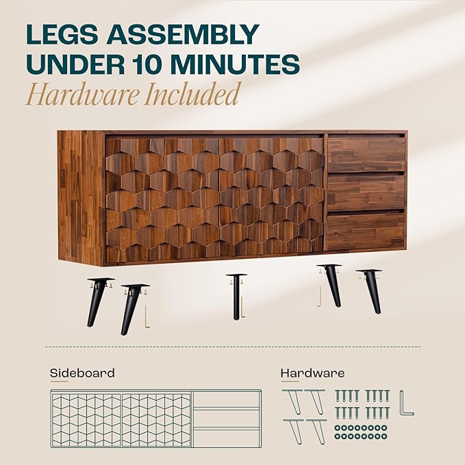 Bme Georgina Solid Wood Sideboard with Geometric Pattern, 2 Doors and 3 Drawers, 61 Inch Mid Century Modern Sideboard Cabinet for Kitchen, Dining Room, Living Room, Dark Choco